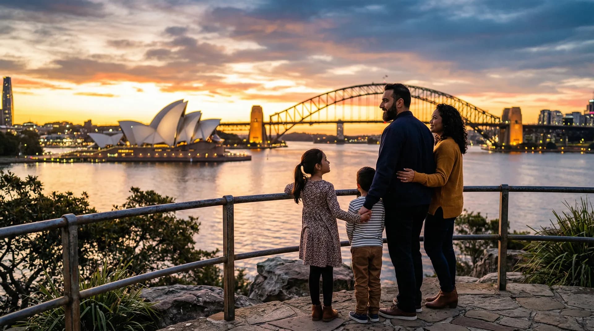 Sydney Harbour at golden hour with family silhouette