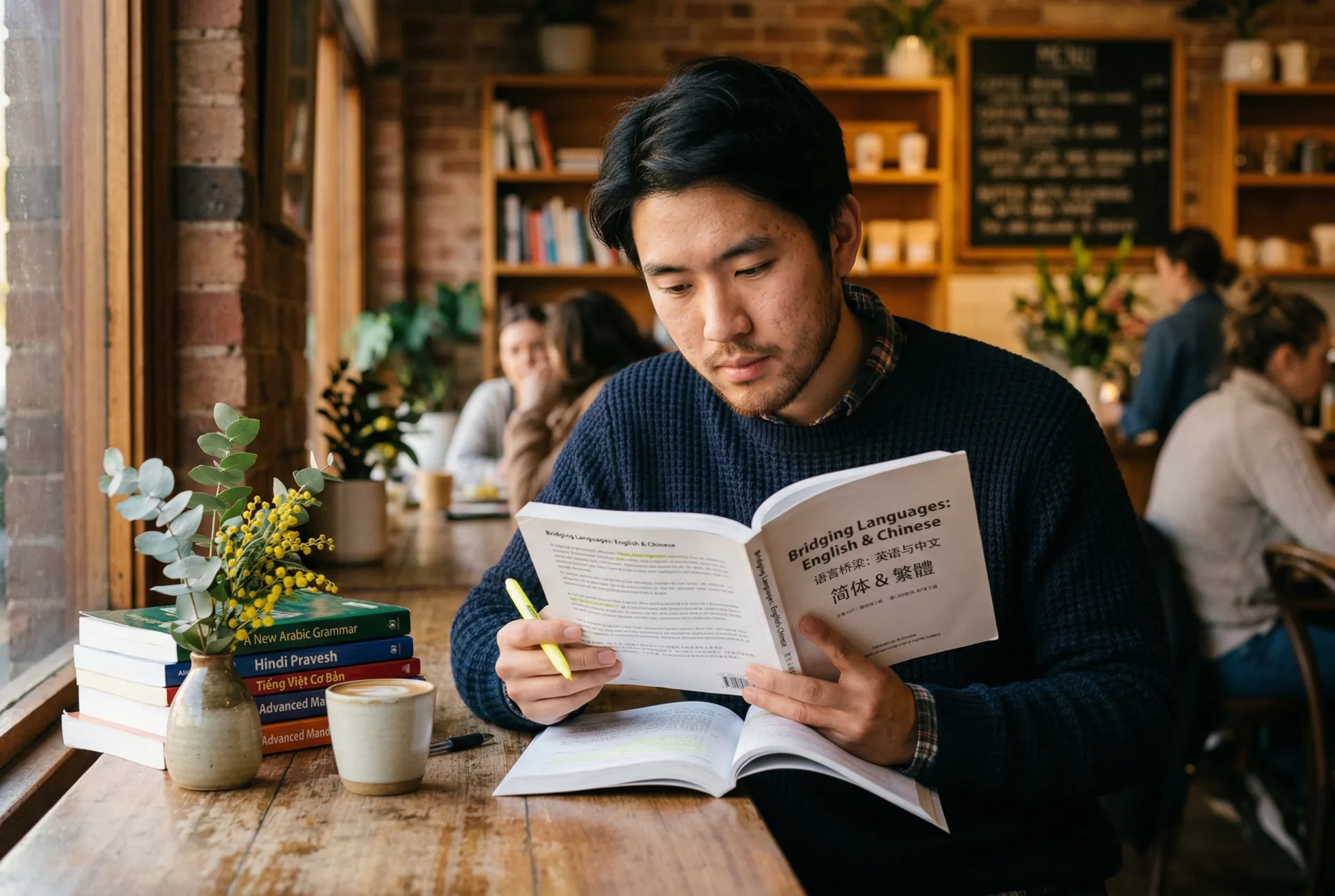 Man studying with bilingual books in multiple languages at an Australian cafe