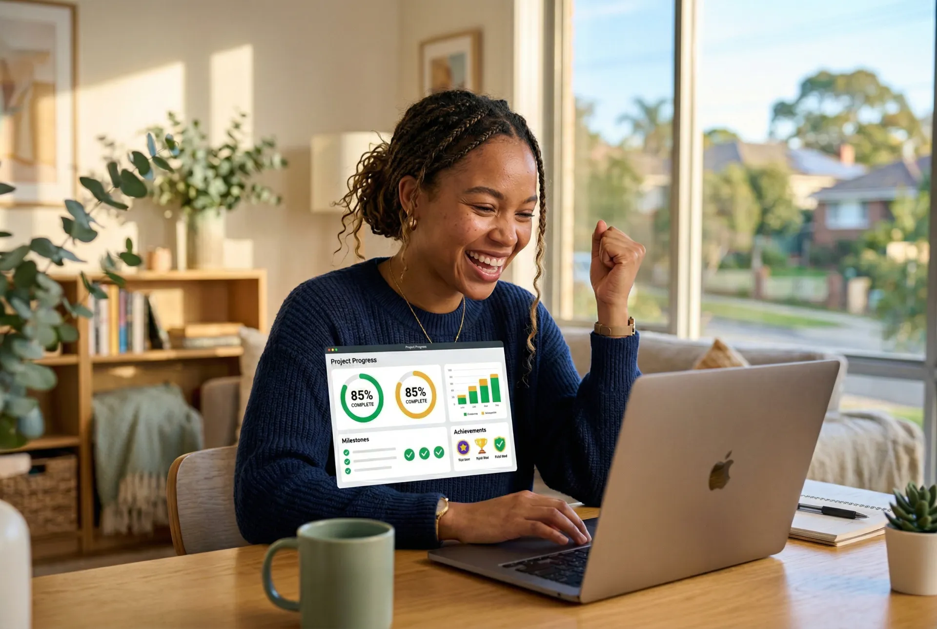 Woman celebrating progress on her dashboard with achievement badges