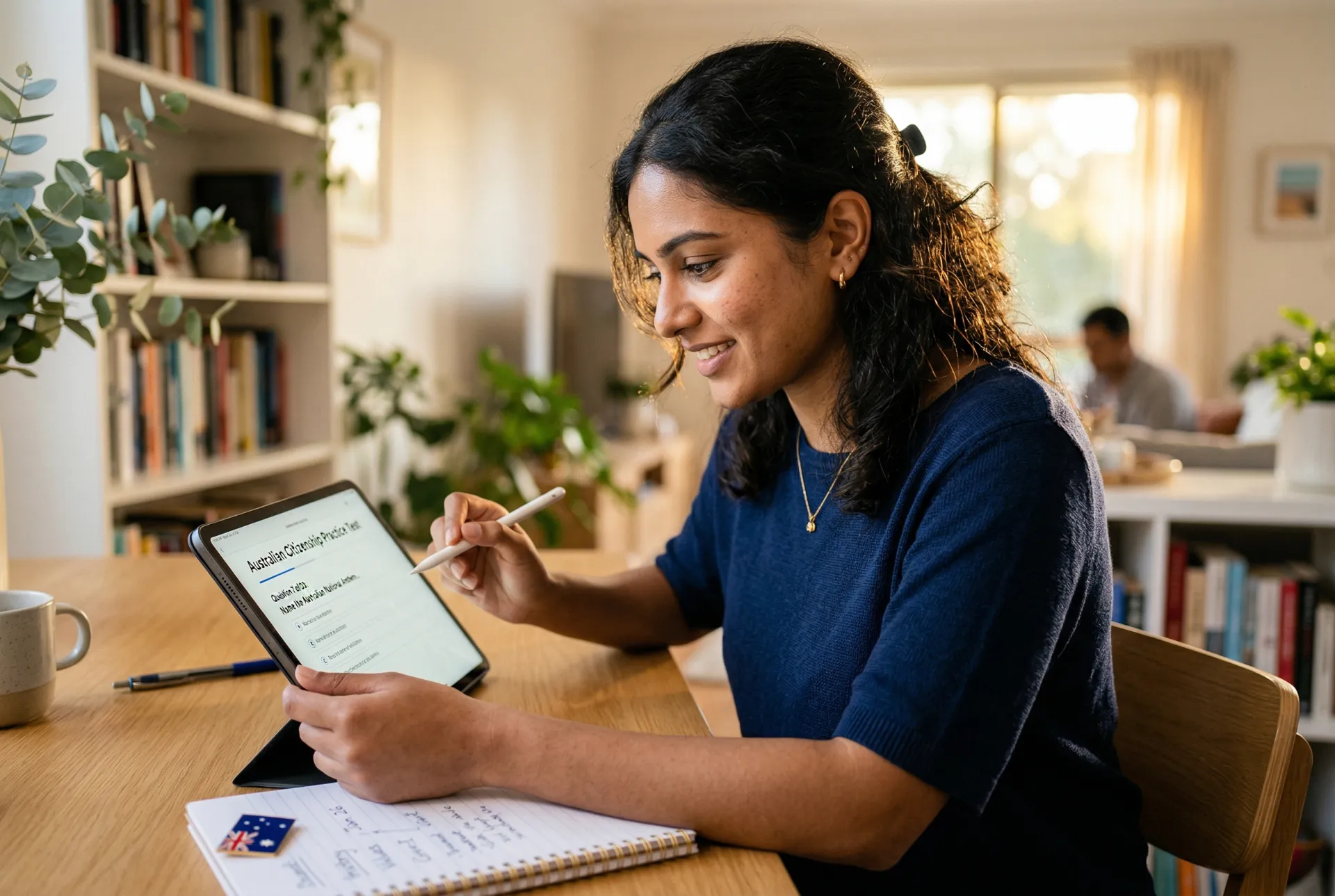 Confident woman taking a practice citizenship test on a tablet