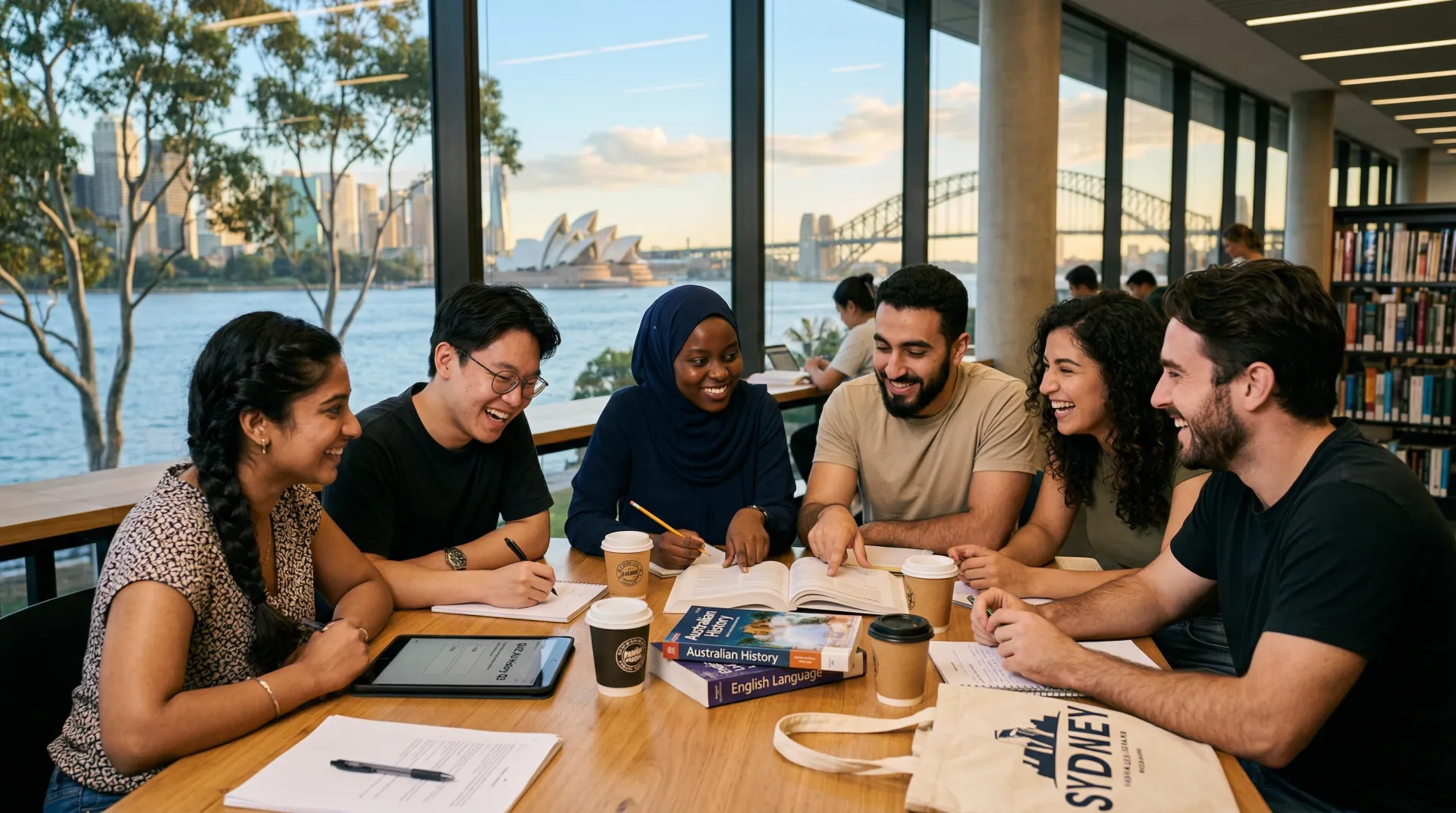 Diverse group of people from many cultures studying together for the Australian citizenship test