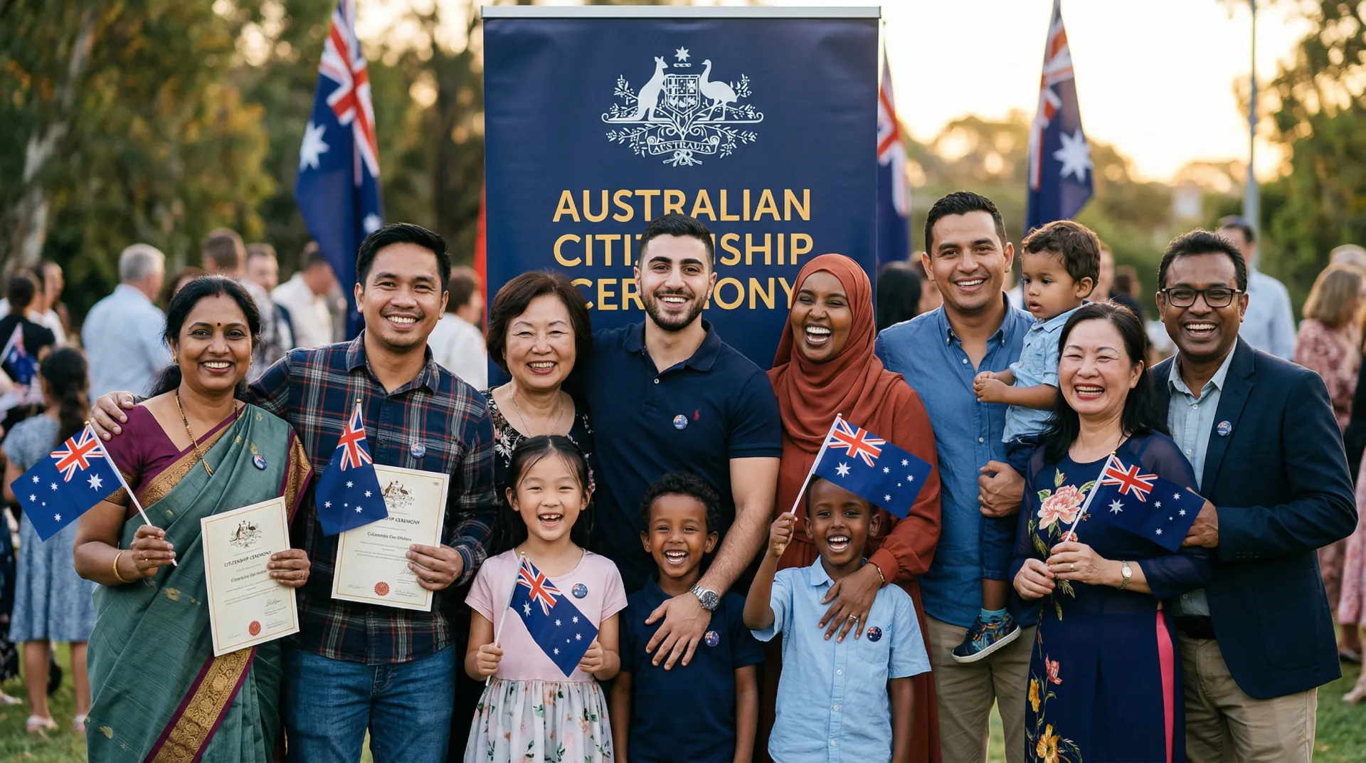 Happy and proud new Australian citizens from diverse cultural backgrounds at a citizenship ceremony